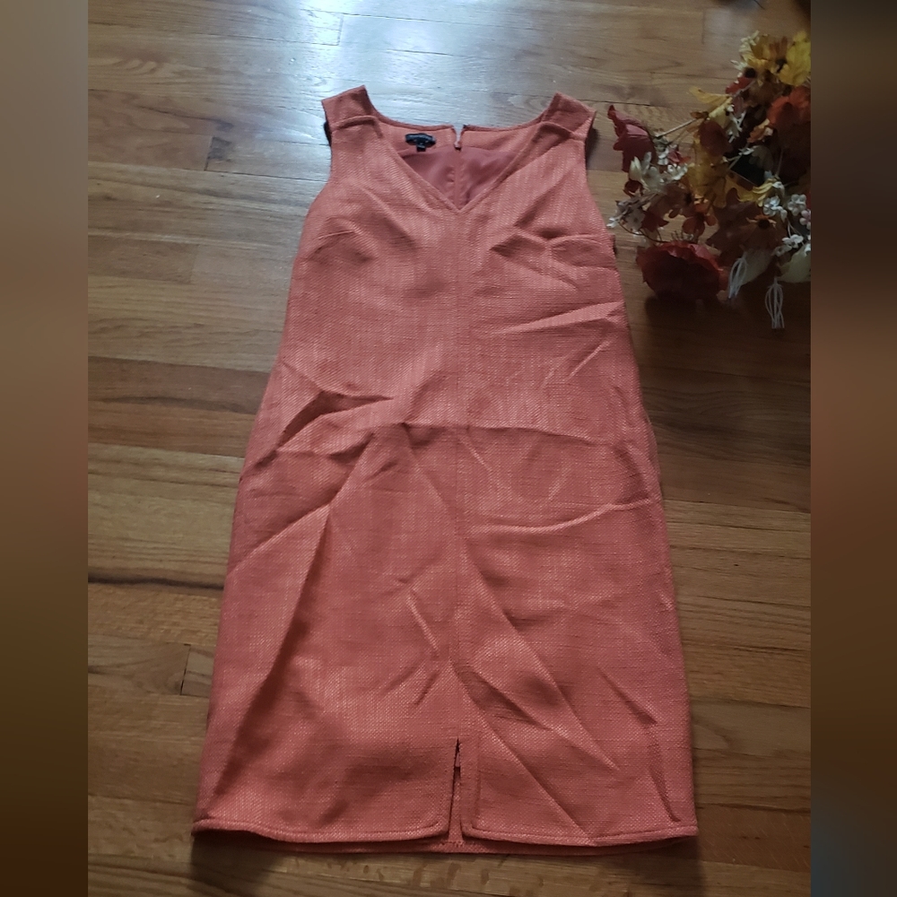 TALBOTS Textured Vintage Tweed Dress Size 4 Orange sleeveless V Neck Front Slit
